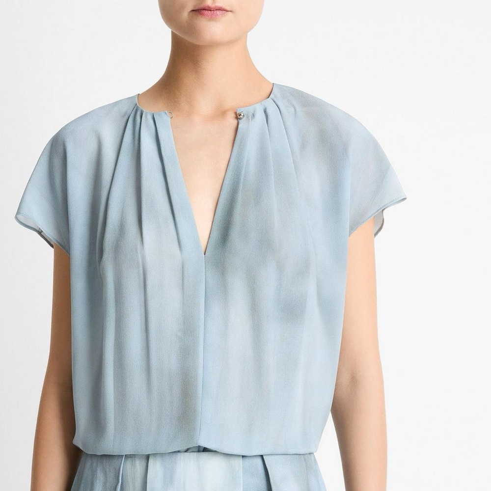 VINCE Washed Ombré Silk Gathered Cap-Sleeve Blouse
